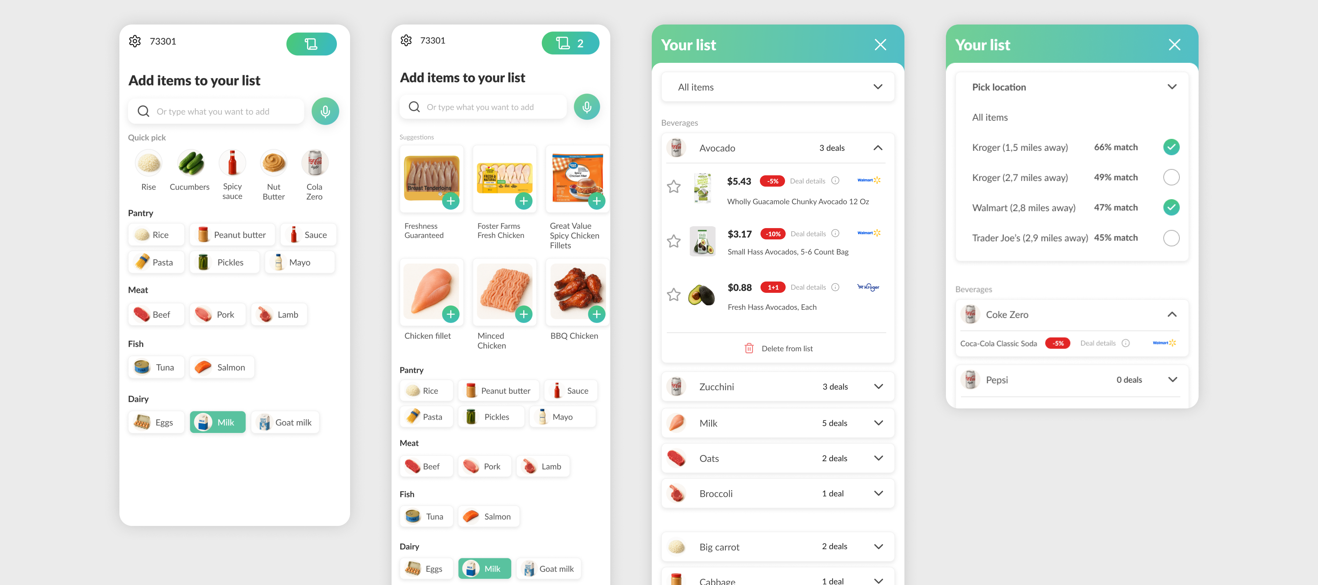 A polished composition of the grocery list, shopping plan, and estimated-savings screens.