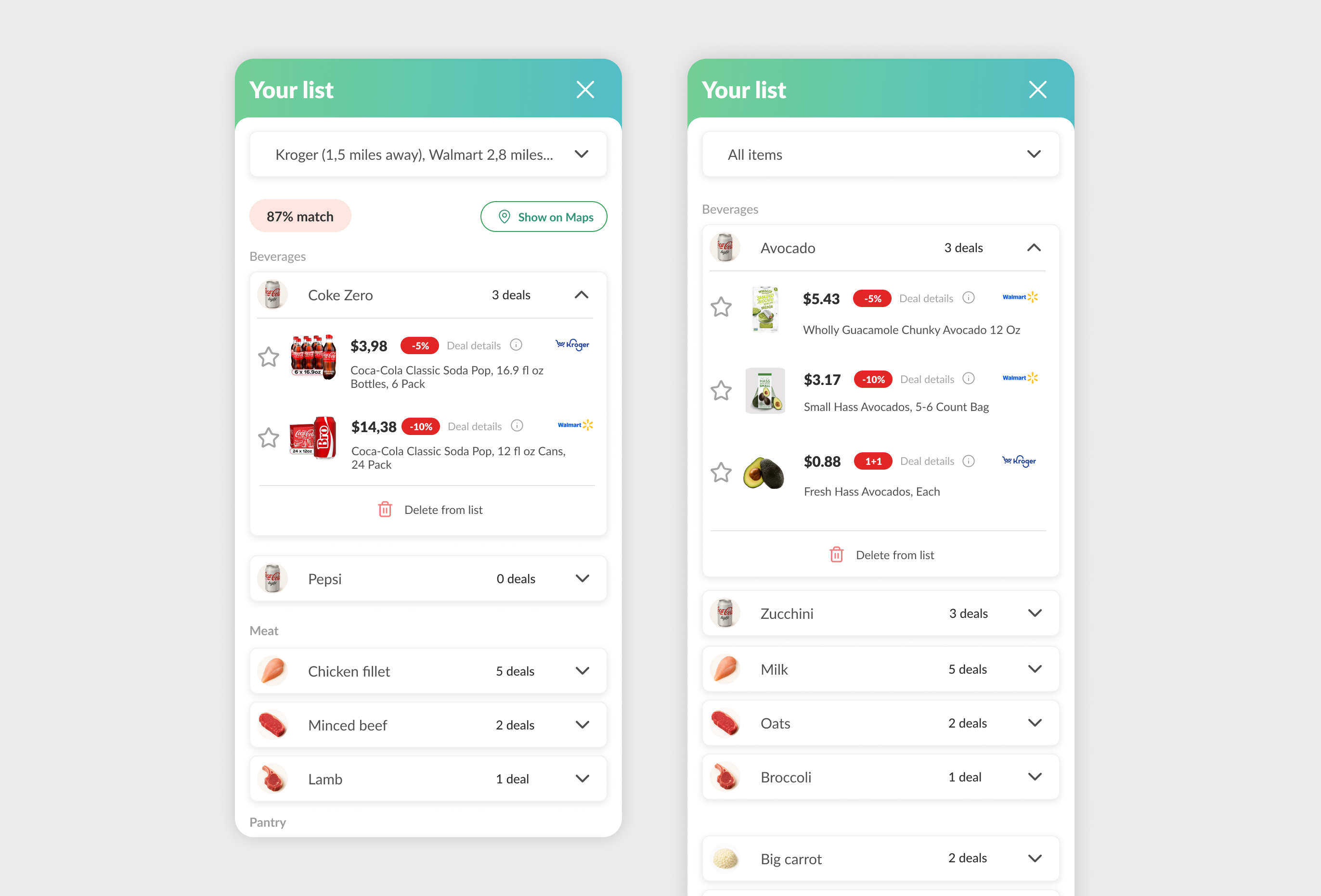Relevant local offers connected directly to products already present in the grocery list.