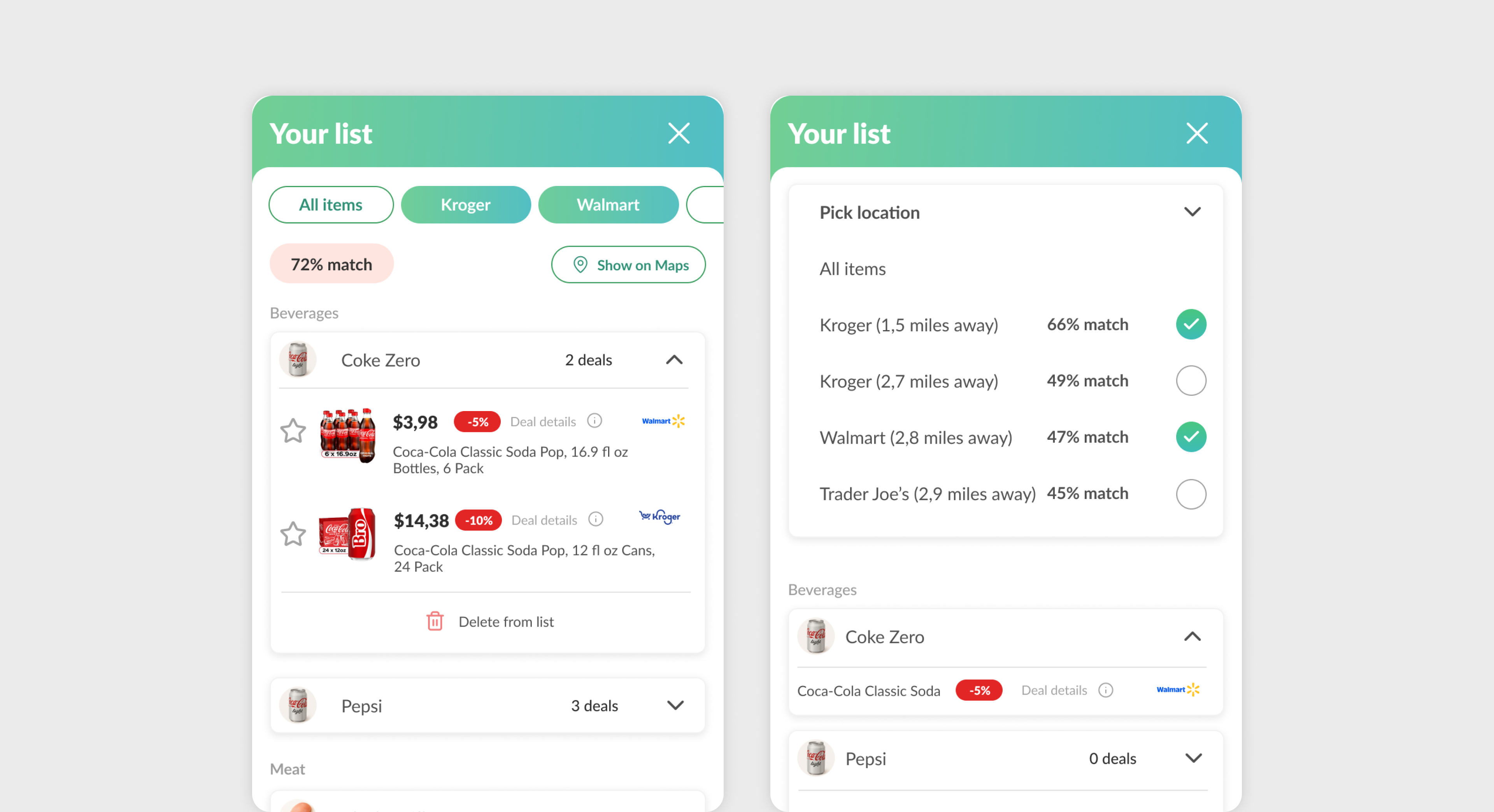 A mobile comparison of products, prices, and promotions across nearby retailers.