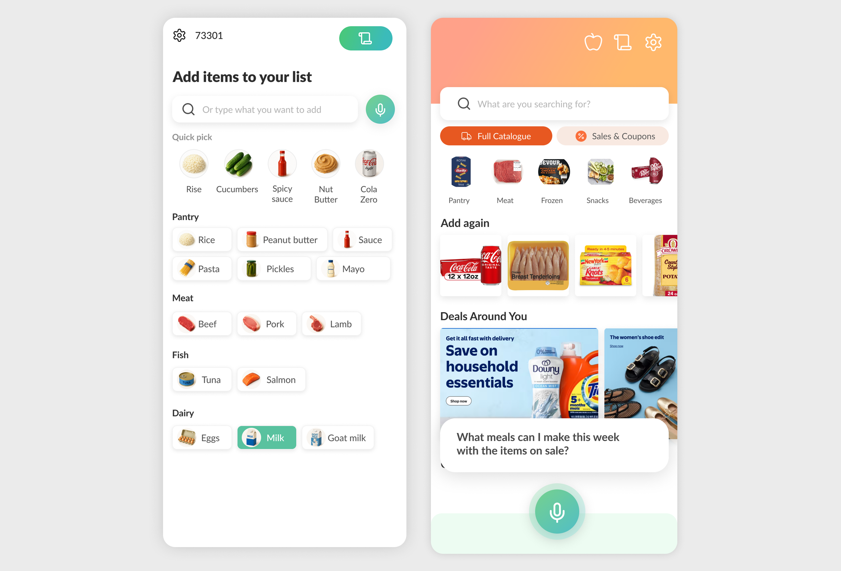 Mobile voice-input screens showing quick capture and an editable grocery result.