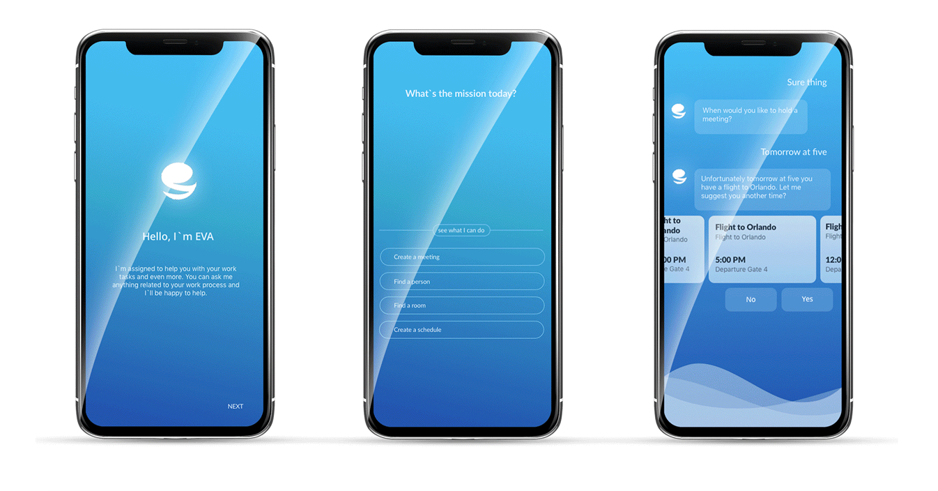 The final mobile interface showing onboarding, available actions, and a contextual recommendation.
