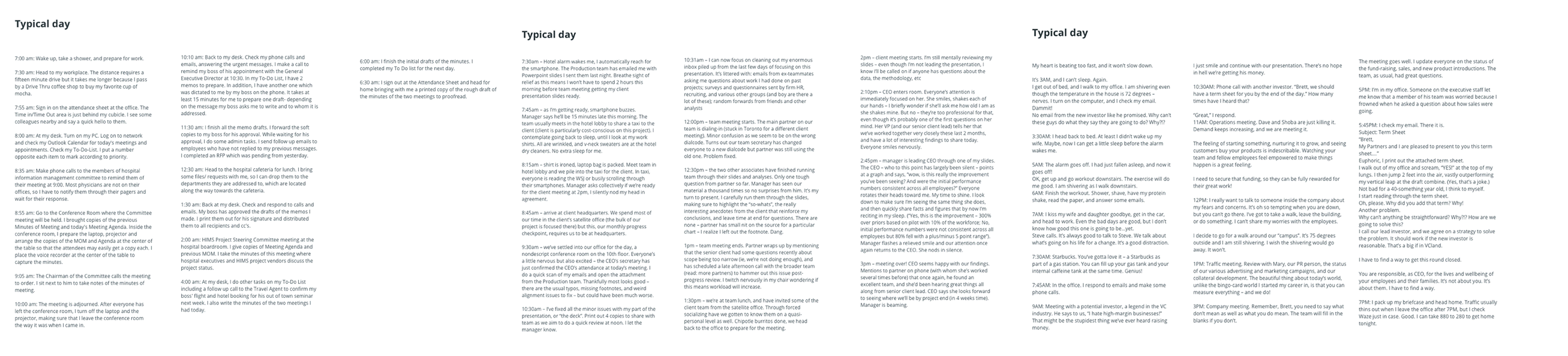 A full research artifact documenting a typical working day and recurring professional context.