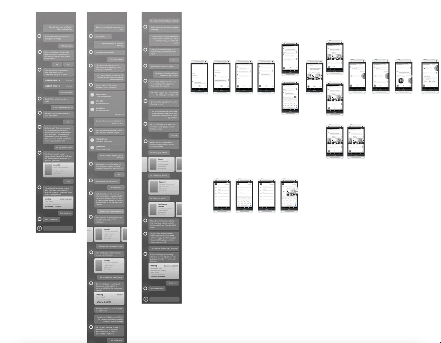 Full wireframe collection showing travel planning, progress, context, choices, and voice-first assistant interaction.